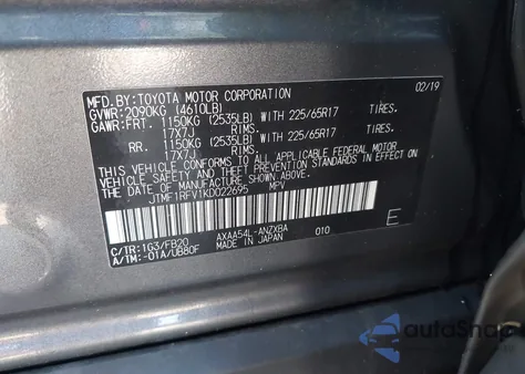 2019 Toyota Rav4 Le z USA, uszkodzony, nr VIN JTMF1RFV1KD022695